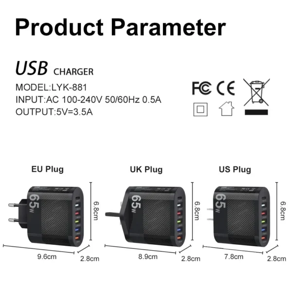 Chargeur universel MultiPorts USB 3.1A, PD,QC 3.0 65w – Image 2