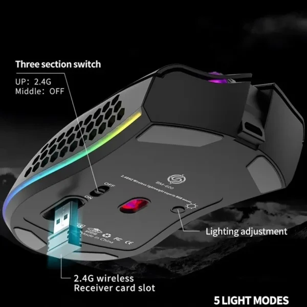 Souris de jeu USB 2.4G sans fil, rechargeable, lumière RGB,BM600 – Image 3